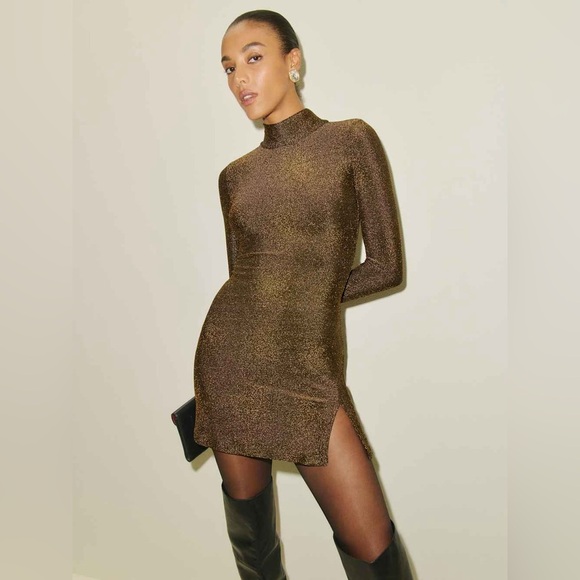 REFORMATION Hermia Knit Dress Black Gold Sparkle (7) - Picture 1 of 13